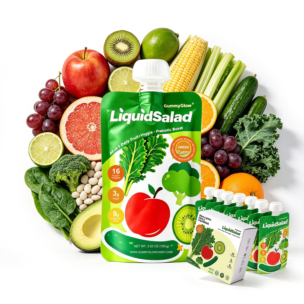 GummyGlow Liquid Salad 16 Fruits & Vegetables Juice Superfood Smoothie Pouches Assorted Ready-to-Eat Salad with dietary fiber & Prebiotic Wholesome Vegan Snack 7 Pouches