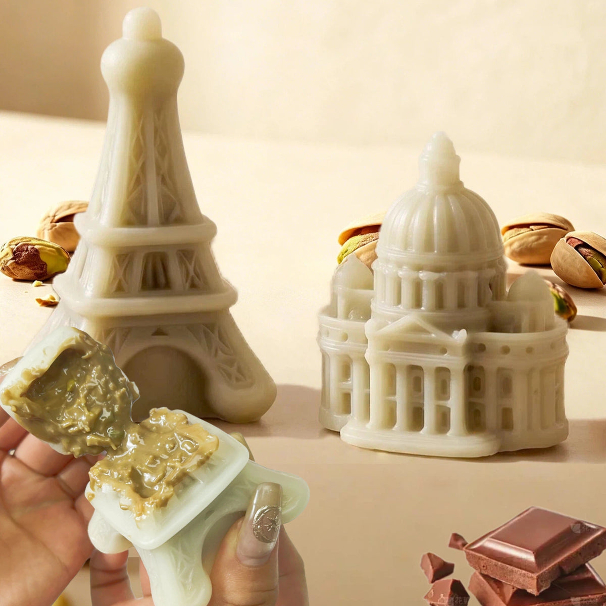 Dubai Chocolate Filled Wax Candy, 2 Pack, Landmark-Shaped Candy, 4.1 oz