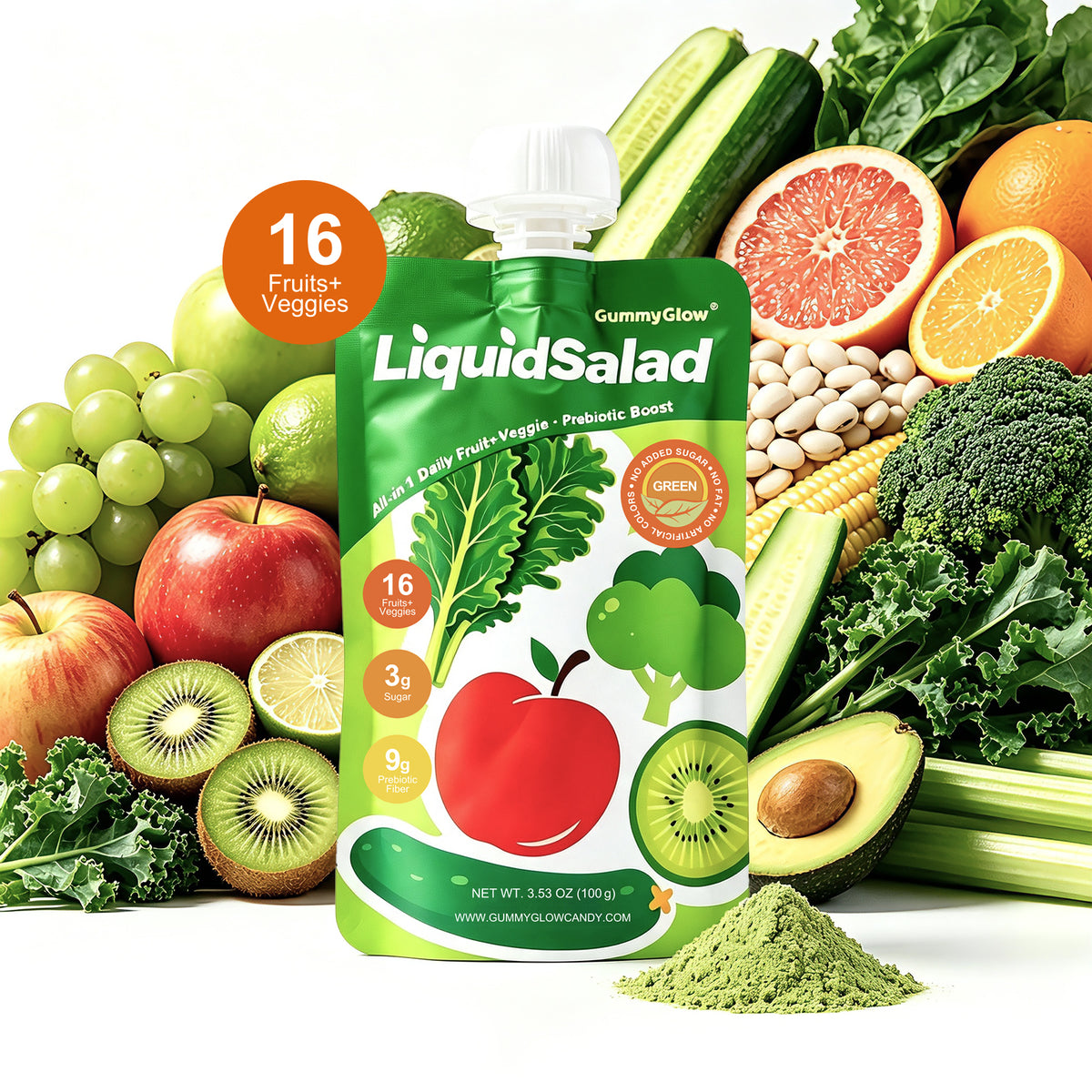 Liquid Salad High Fiber Veggie Pouches, Superfood Smoothie with Prebiotic & 16 Fruits & Vegetables, Convenient Ready-to-Eat Juice for Gut Health, Wholesome Vegan Gluten Free Snack, 7 Count (Pack of 7)