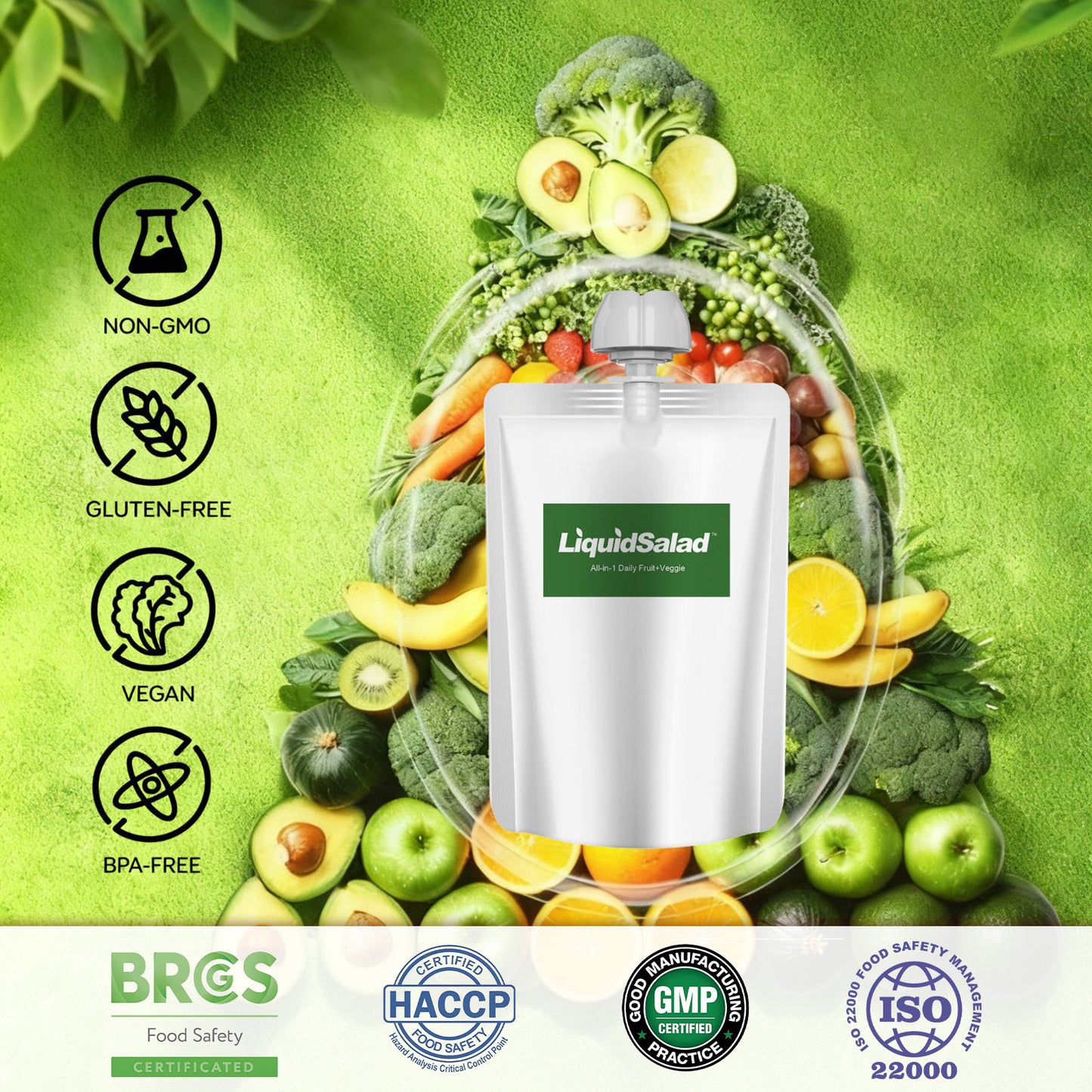 Liquid Salad 16 Fruits & Vegetables Juice Superfood Smoothie Pouches Assorted Ready-to-Eat Salad with dietary fiber & Prebiotic Wholesome Vegan Snack 7 Pouches