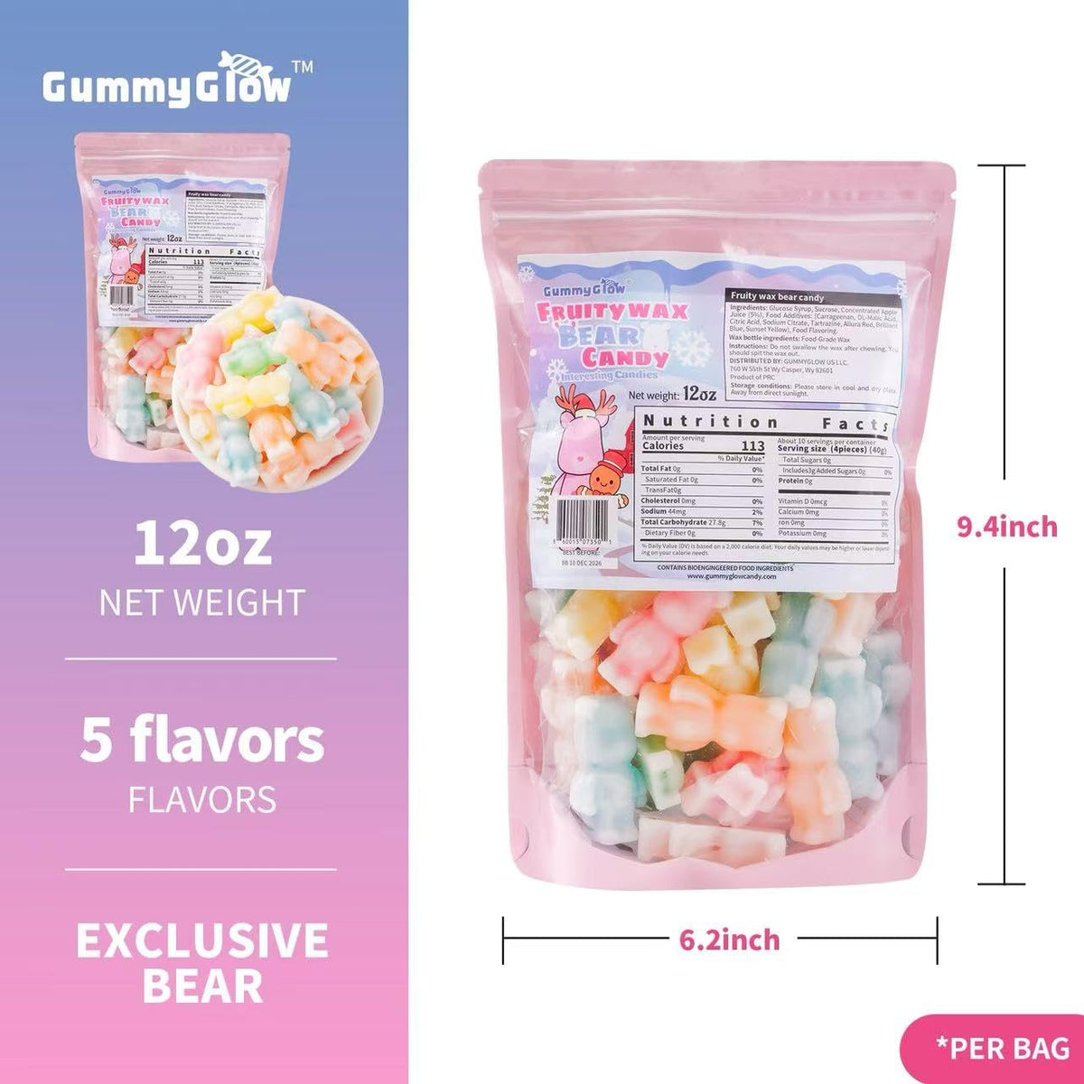 Gummy Glow 12 Oz Fruity Wax Candy, Upgraded Edible Wax Candy Bears - Chewy Retro Sweets with 5 Fruity Flavors, Ideal for ASMR Snacks, Viral TikTok Treats, Novelty Vintage Treats, Parties & Gifts