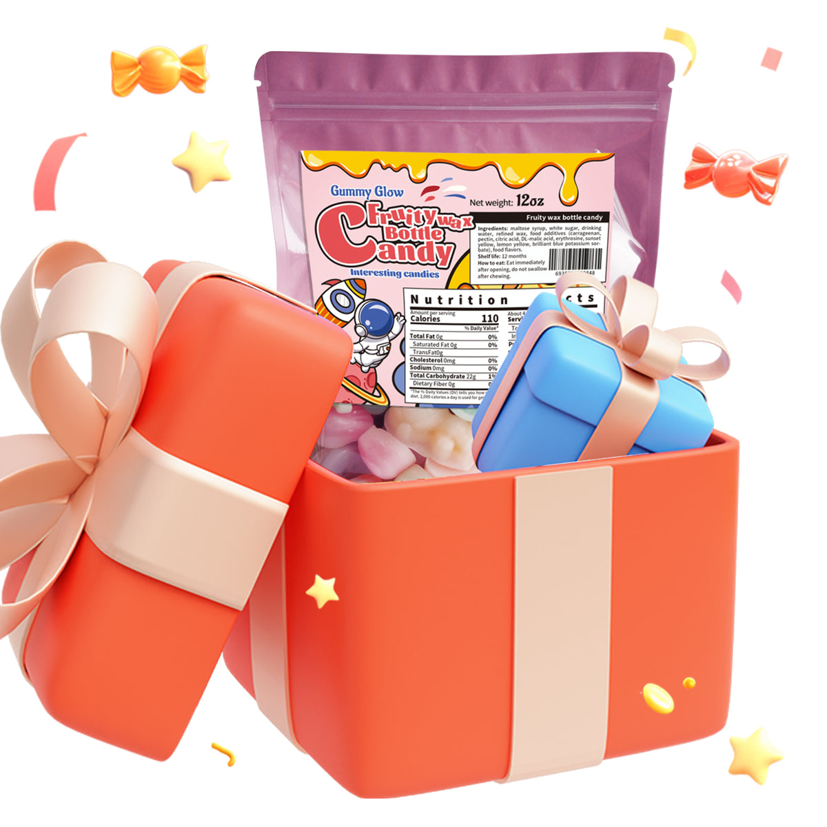 Gummy Glow Fruity Wax Candy with 5 Flavors, Pineapple, Green Apple, Blueberry, Orange, Strawberry
