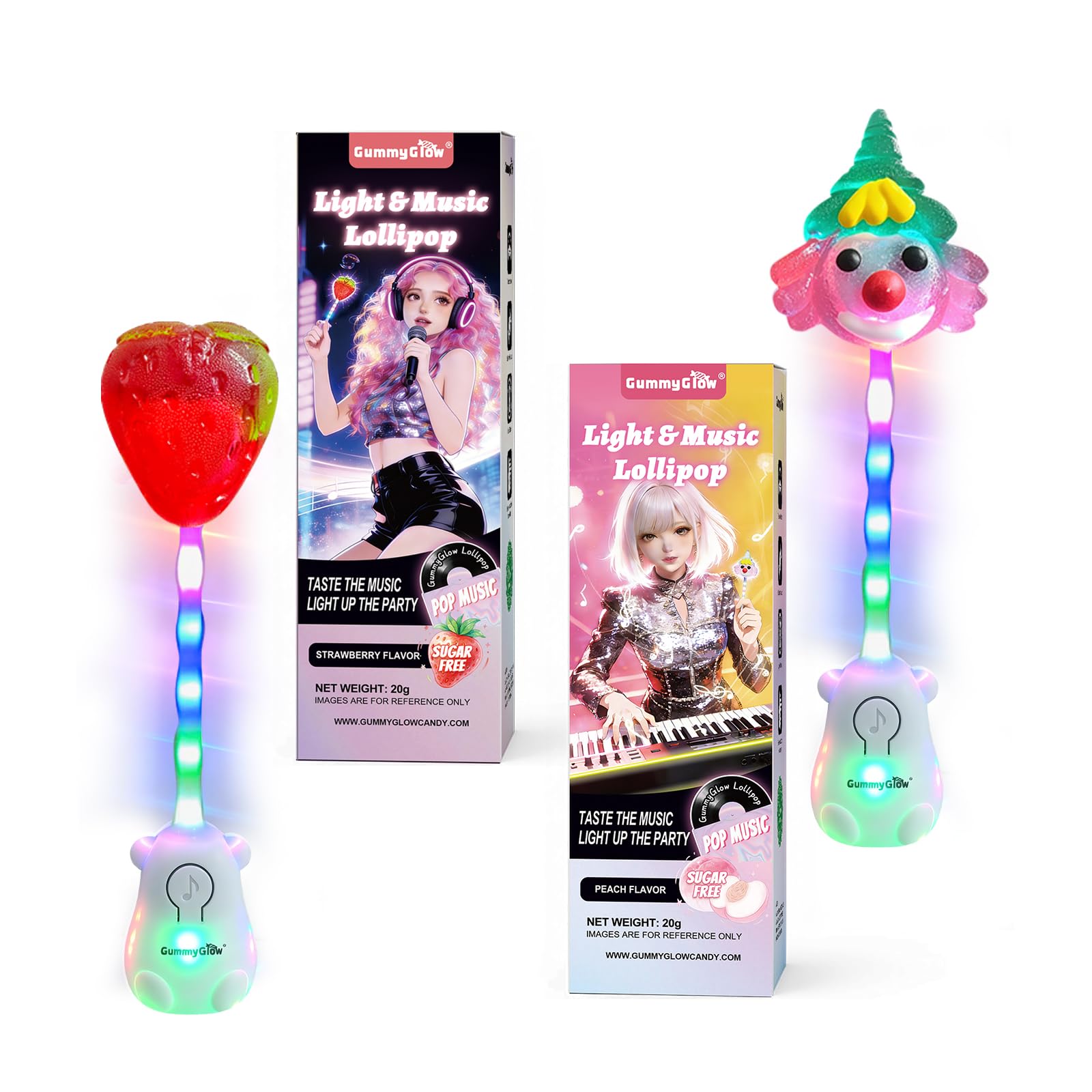Gummy Glow Music Lollipop Candy, Light Up Singing Audio Lollipop Individually Wrapped, Fruit Flavored Hard Candy Suckers, Peach and Strawberry Dual Pack, Gluten Free Vegan Halal (Strawberry & Lemon)