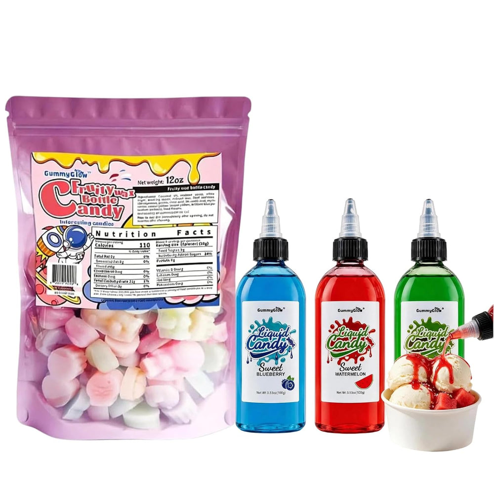 Gummy Glow Wax Candy 12oz Bulk Pack, Retro Chewy Wax Candies with 3 Twist & Squeeze Sour Liquid Candy