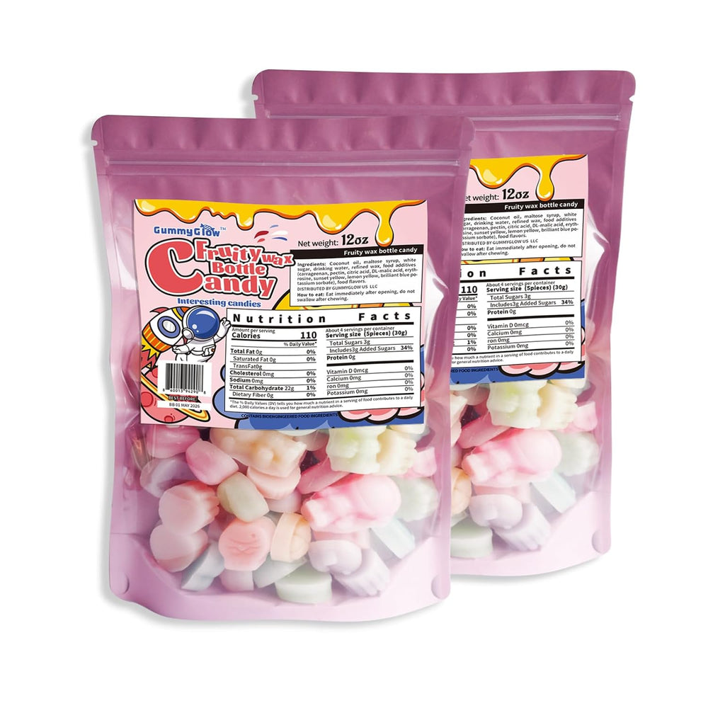 GummyGlow Wax Bottle Candy, Retro Wax Candies with 5 Classic Flavors for Old School Candy Lovers, 12 Oz/Pack (2)