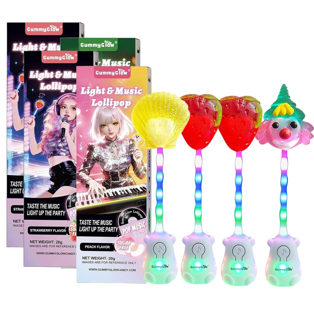 Gummy Glow Music Lollipop Candy, Light Up Singing Audio Lollipop Individually Wrapped, Fruit Flavored Hard Candy Suckers, Gluten Free Vegan Halal