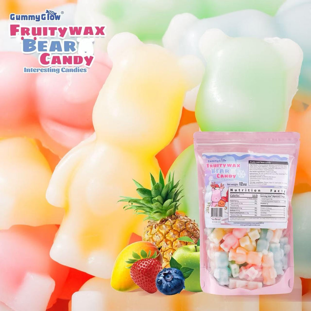 Gummy Glow 12 Oz Fruity Wax Candy, Upgraded Edible Wax Candy Bears - Chewy Retro Sweets with 5 Fruity Flavors, Ideal for ASMR Snacks, Viral TikTok Treats, Novelty Vintage Treats, Parties & Gifts