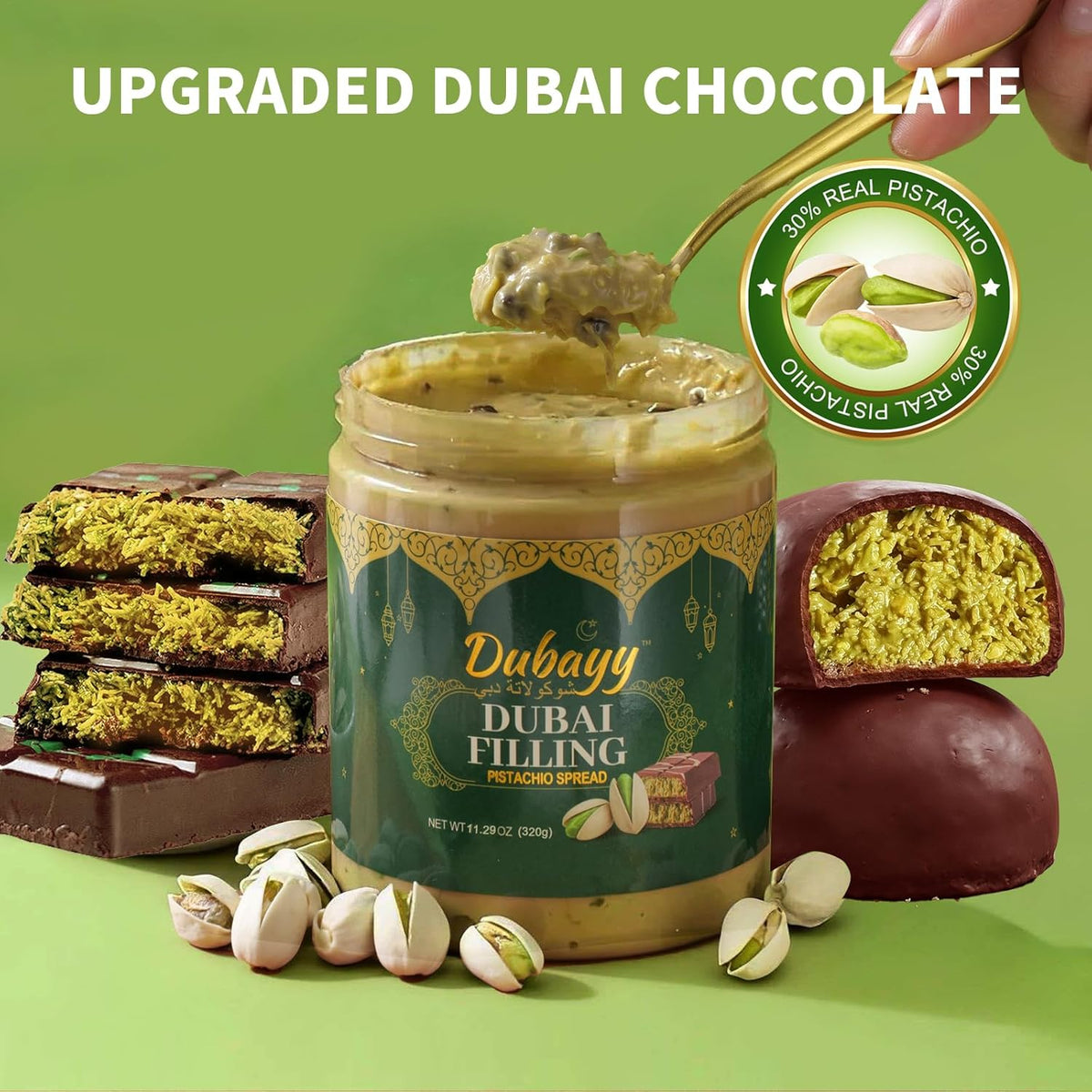 Dubai Chocolate Filling by Dubayy, Viral Pistachio Chocolate Spread with Kataifi Crisp, Luxury Dessert Dip for Waffles, Pancakes, Bread, Desserts and Breakfast (320g / jar)