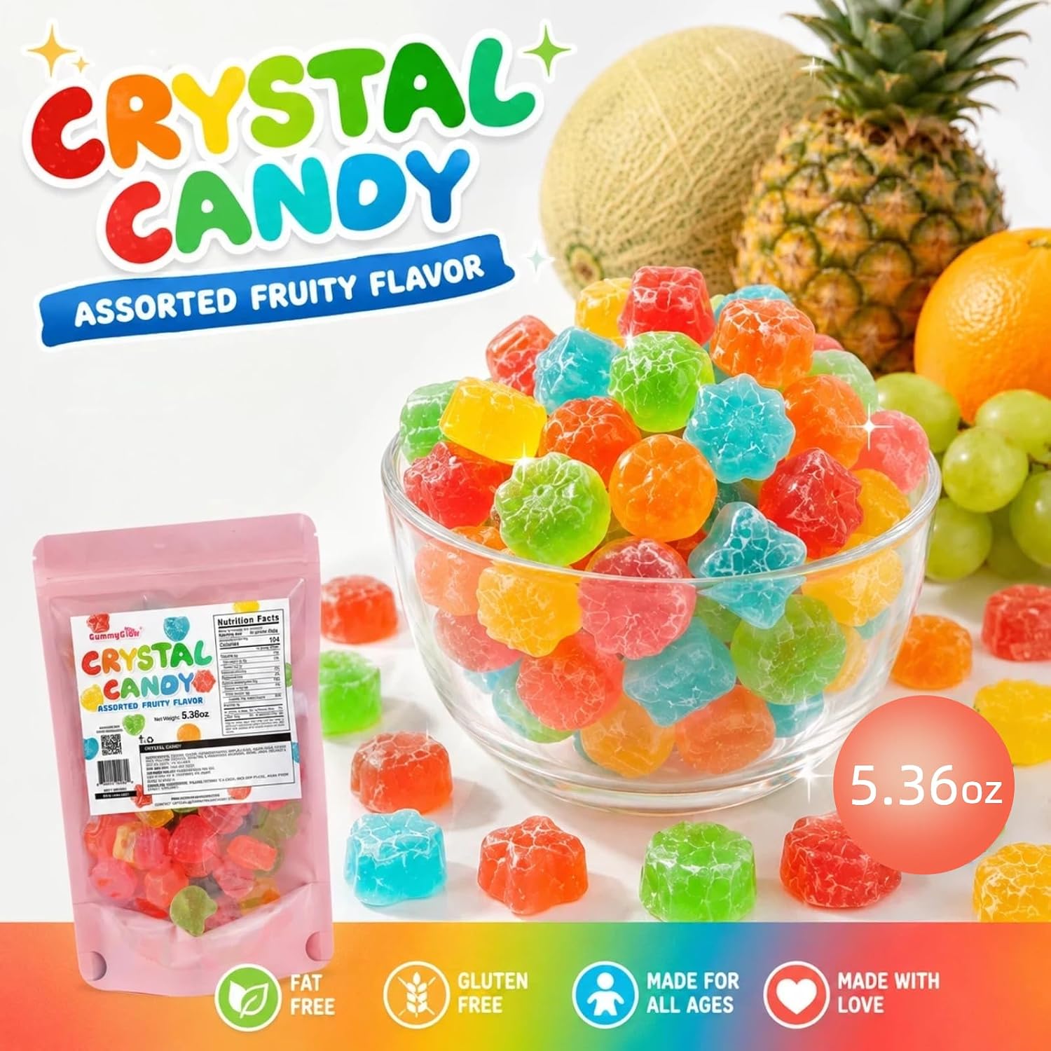 Gummy Glow Viral Crystal Candy with Chewy Center, Crunchy Assorted Fruit Flavors, ASMR Candies for Everyday Treat, Party Favor & Gifts
