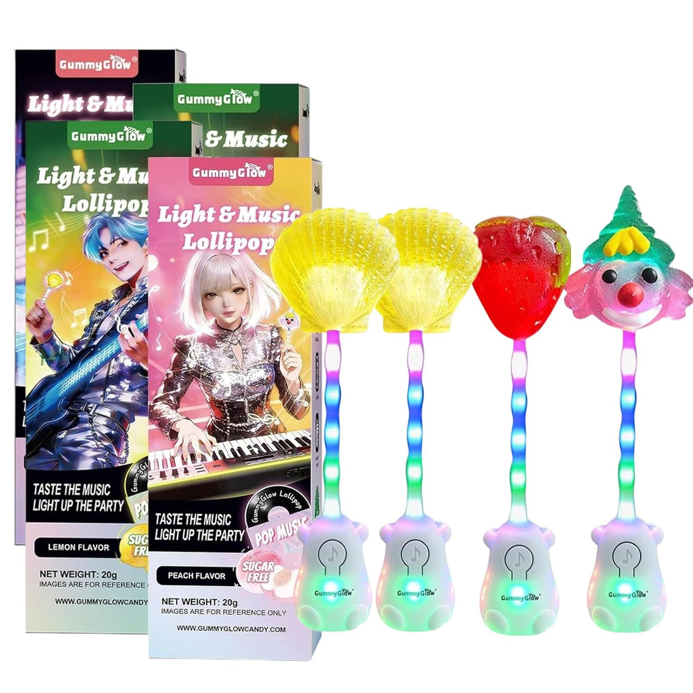 Gummy Glow Music Lollipop Candy, Light Up Singing Audio Lollipop Individually Wrapped, Fruit Flavored Hard Candy Suckers, Peach and Strawberry Dual Pack, Gluten Free Vegan Halal