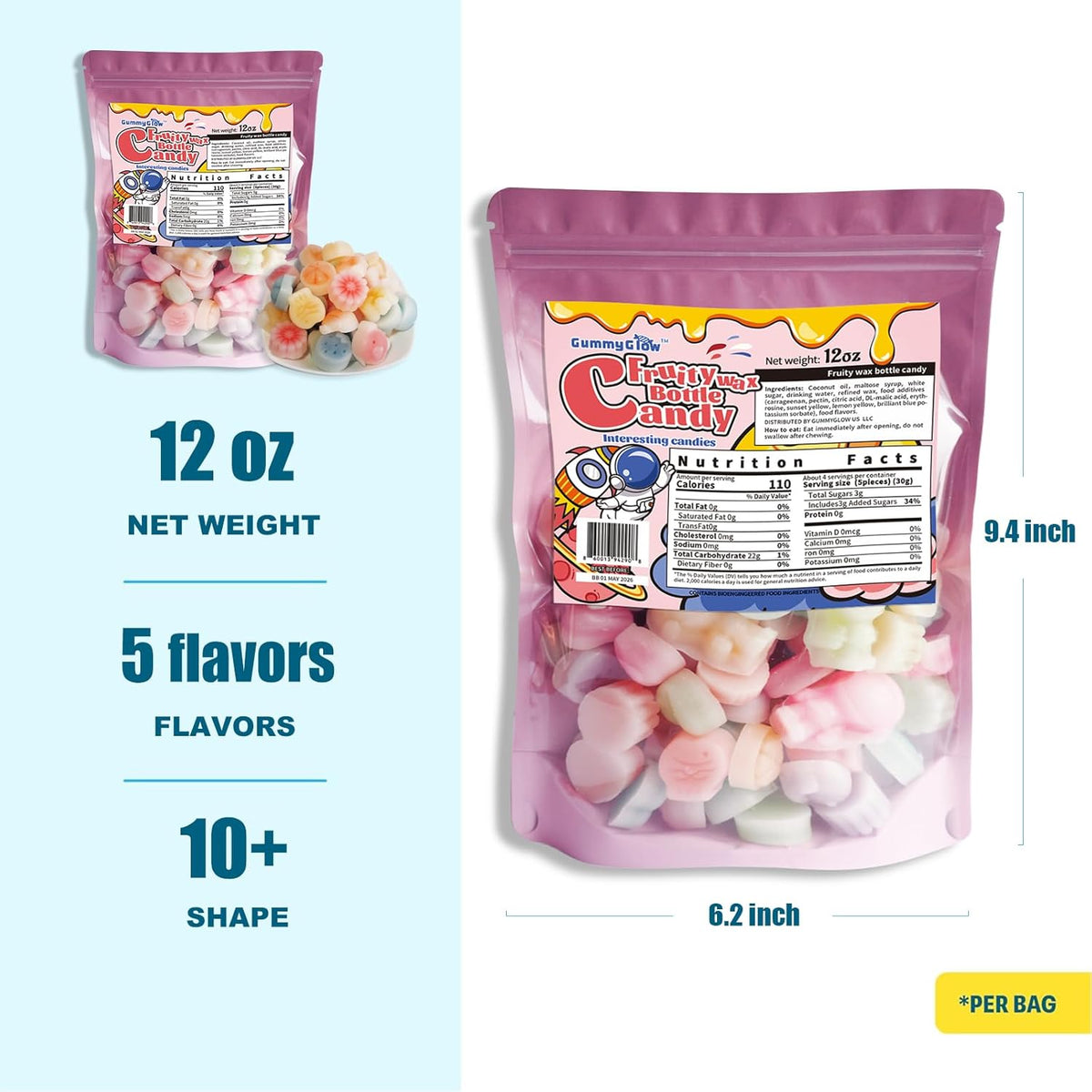 Gummy Glow Wax Candy 12oz Bulk Pack, Retro Chewy Wax Candies for Old School Candy Lovers with 55-65 Pieces & 5 Flavors, Nostalgic Sweet Treats