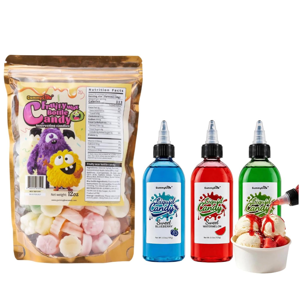 GummyGlow 12oz Upgraded Wax Candy Bulk Pack with 3 Twist & Squeeze Sour Liquid Candy