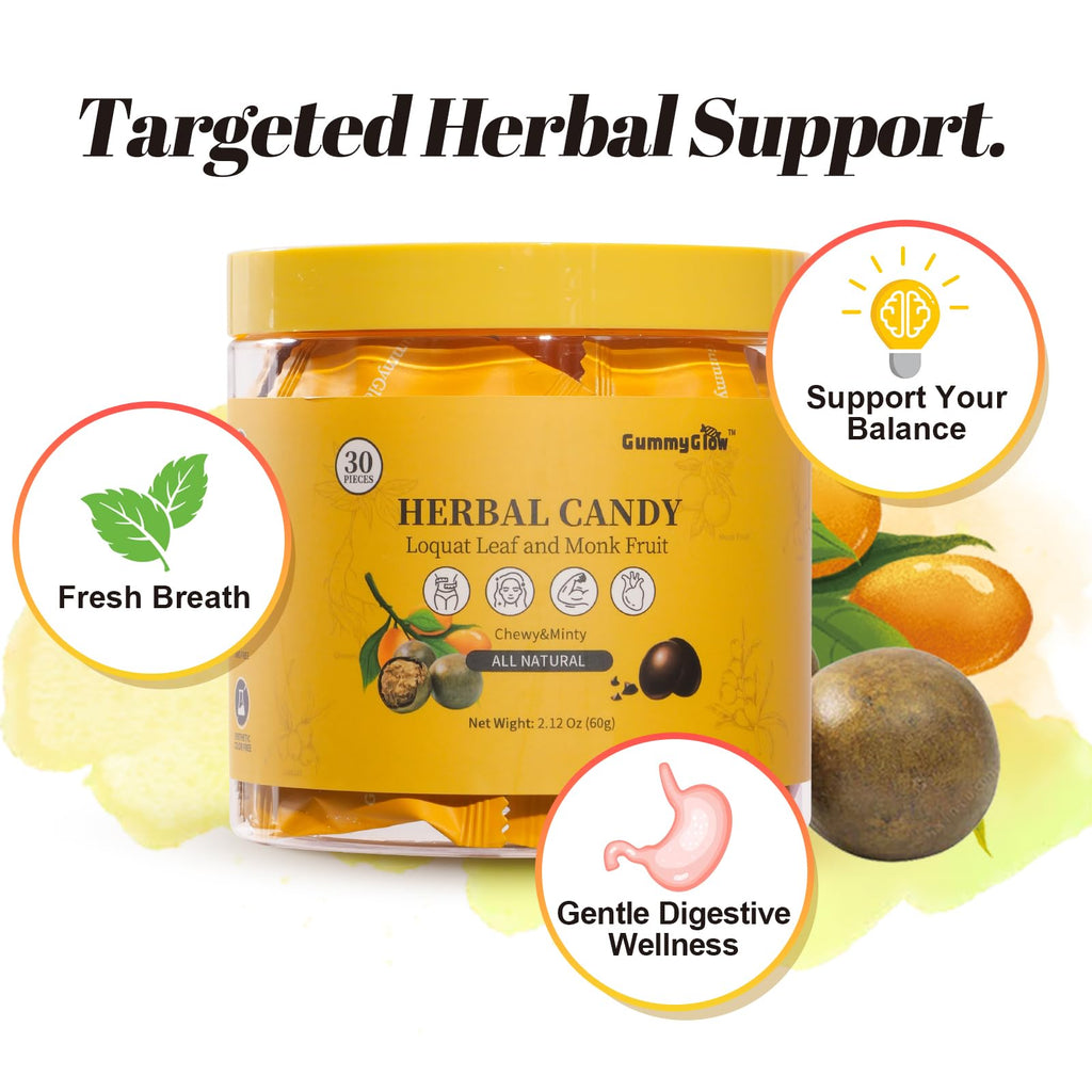 Gummy Glow All-Natural Herbal Hard Candy with Loquat & Monk Fruit, Supports Throat Comfort & Fresh Breath, Sugar-Free Cooling & Chewy Candy for Speakers, Candy Lovers, On-the-Go, 60g (30 Pcs) (Loquat & Monk Fruit)
