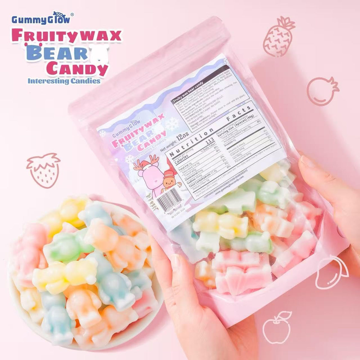 Gummy Glow 12 Oz Fruity Wax Candy, Upgraded Edible Wax Candy Bears - Chewy Retro Sweets with 5 Fruity Flavors, Ideal for ASMR Snacks, Viral TikTok Treats, Novelty Vintage Treats, Parties & Gifts