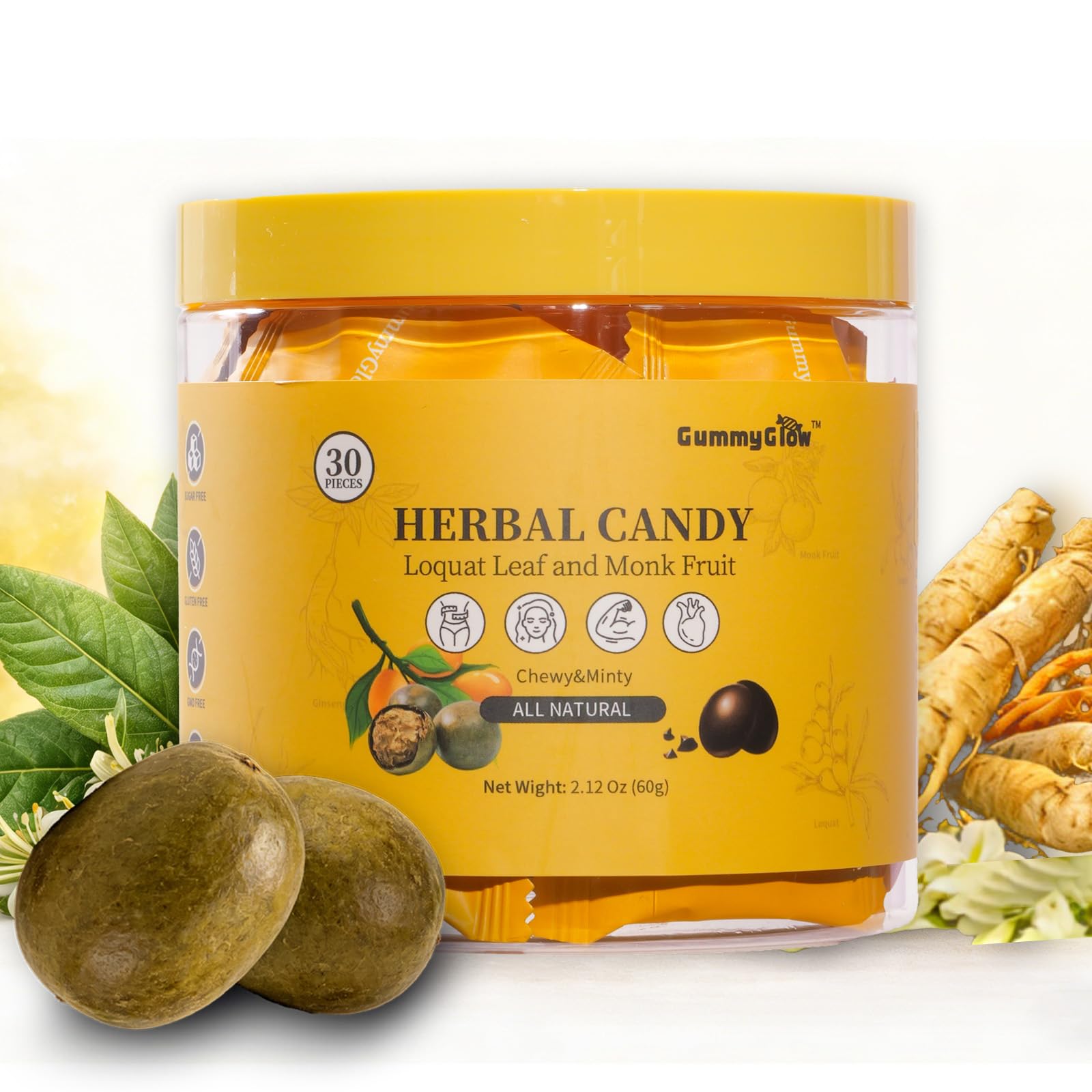 Gummy Glow All-Natural Herbal Hard Candy with Loquat & Monk Fruit, Supports Throat Comfort & Fresh Breath, Sugar-Free Cooling & Chewy Candy for Speakers, Candy Lovers, On-the-Go, 60g (30 Pcs) (Loquat & Monk Fruit)