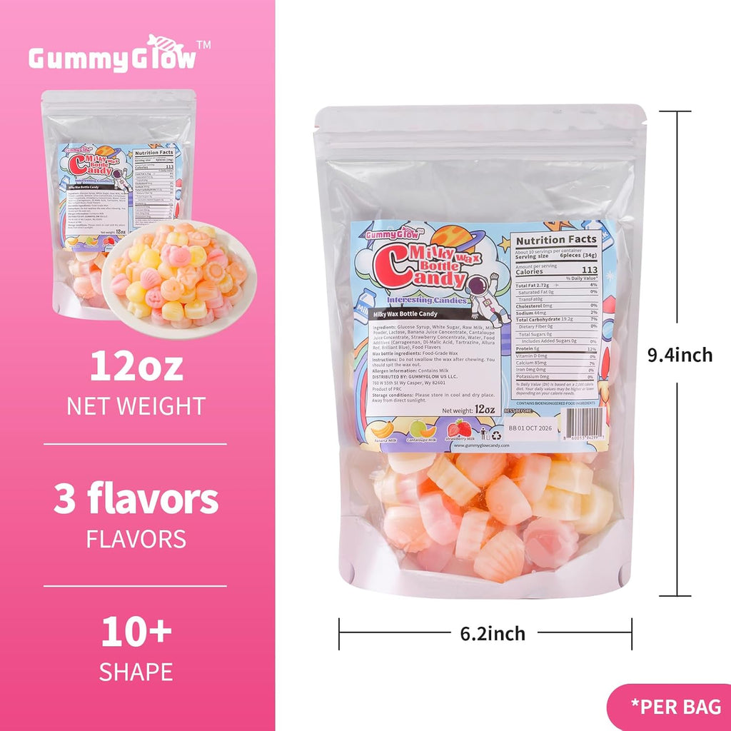 Gummy Glow Wax Candy NEW Milk Series - Retro Chewy Candy, 12oz Bulk Bag (55-65 Pcs) Triple Creamy Milk Flavors (Banana, Strawberry, Melon) - Old School Nostalgic Treats