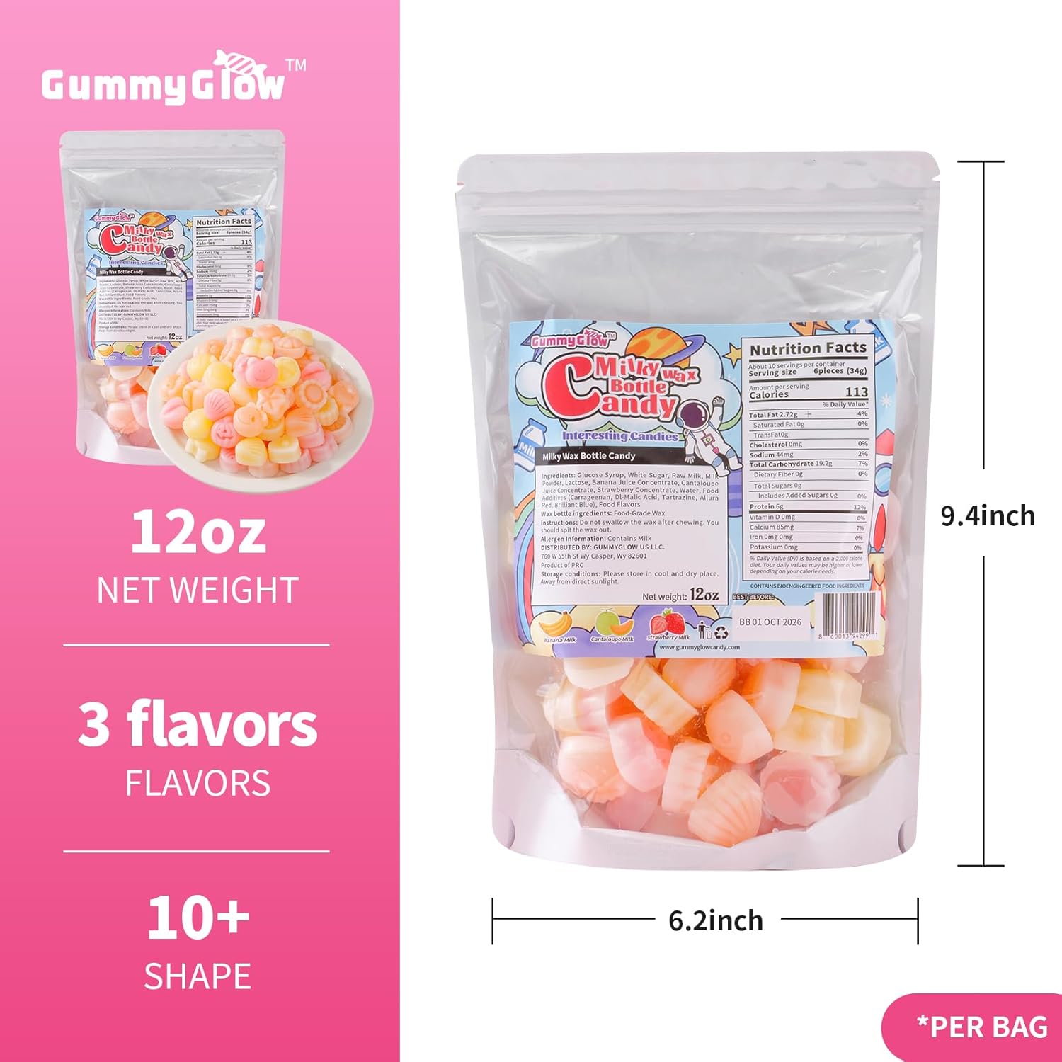 Gummy Glow Wax Candy NEW Milk Series - Retro Chewy Candy, 12oz Bulk Bag (55-65 Pcs) Triple Creamy Milk Flavors (Banana, Strawberry, Melon) - Old School Nostalgic Treats
