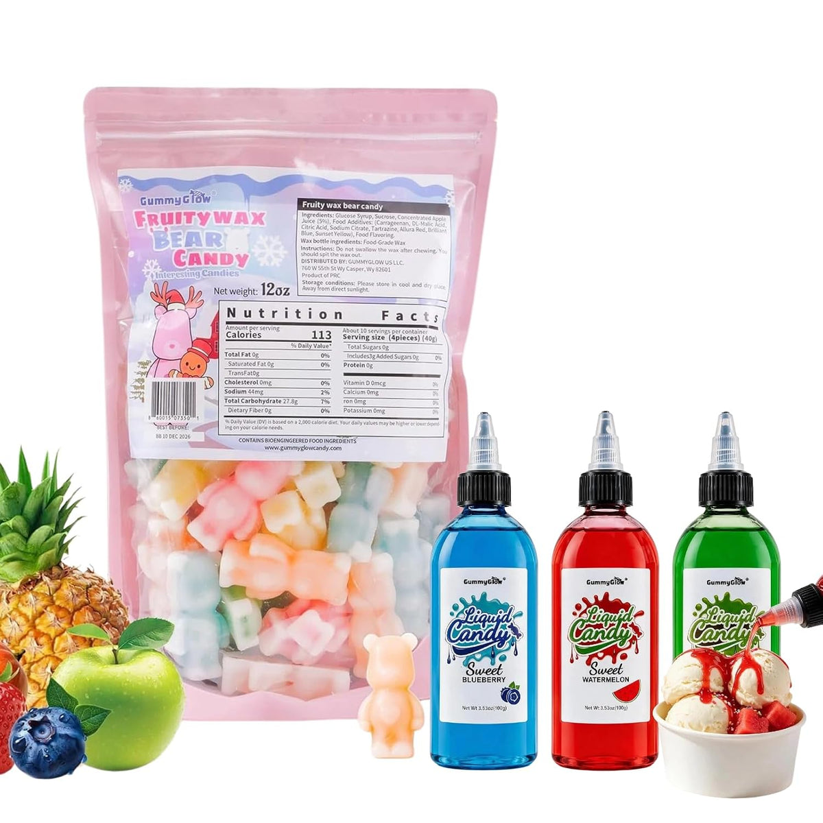 Gummy Glow 12oz Bear Wax Candy with Twist & Squeeze Sour Liquid Candy