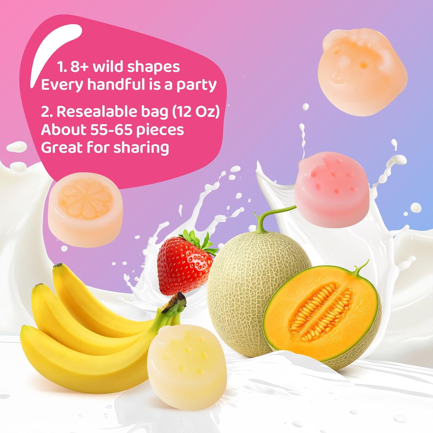 Gummy Glow Wax Candy NEW Milk Series - Retro Chewy Candy, 12oz Bulk Bag (55-65 Pcs) Triple Creamy Milk Flavors (Banana, Strawberry, Melon) - Old School Nostalgic Treats