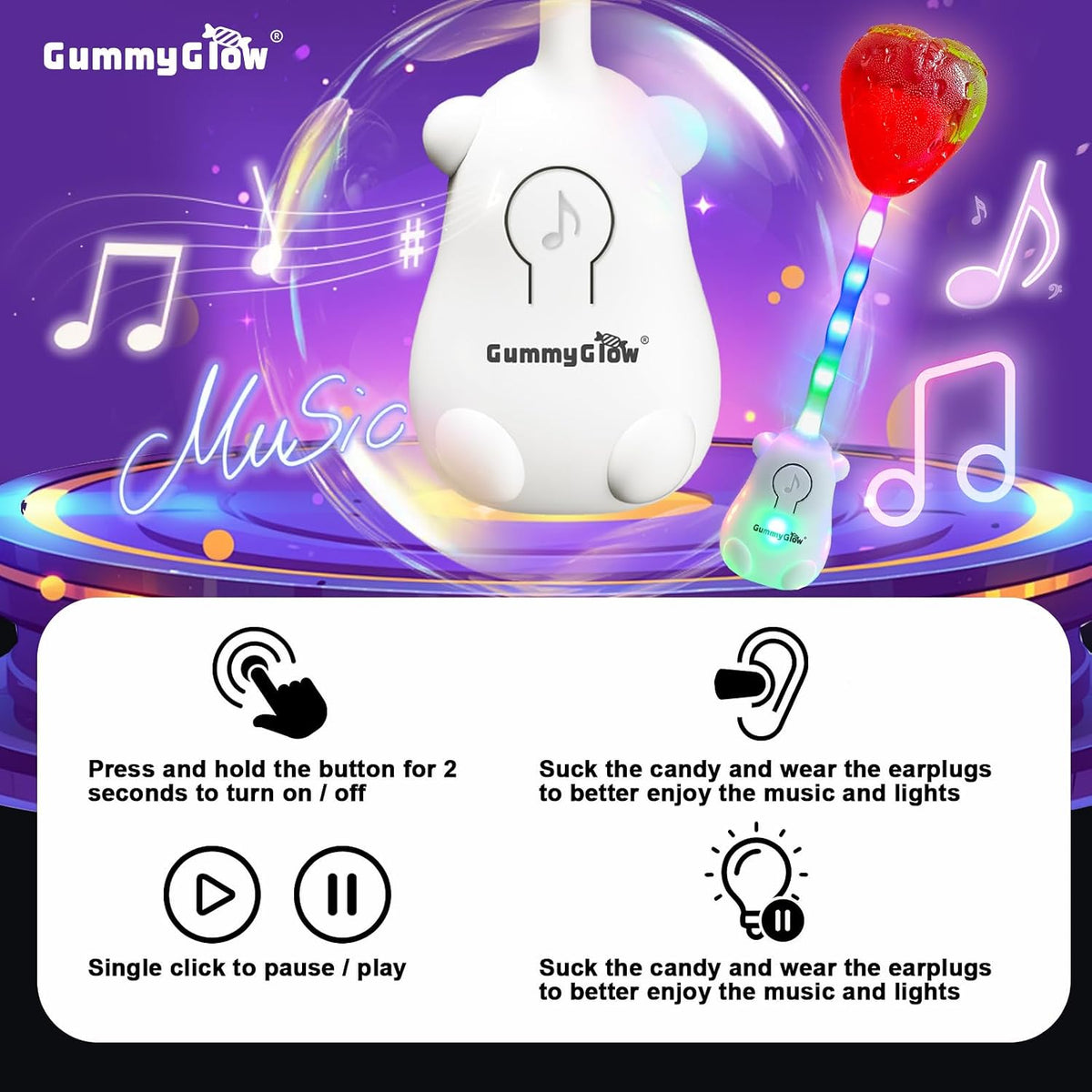 Gummy Glow Music Lollipop Candy, Light Up Singing Audio Lollipop Individually Wrapped, Fruit Flavored Hard Candy Suckers, Peach and Strawberry Dual Pack, Gluten Free Vegan Halal