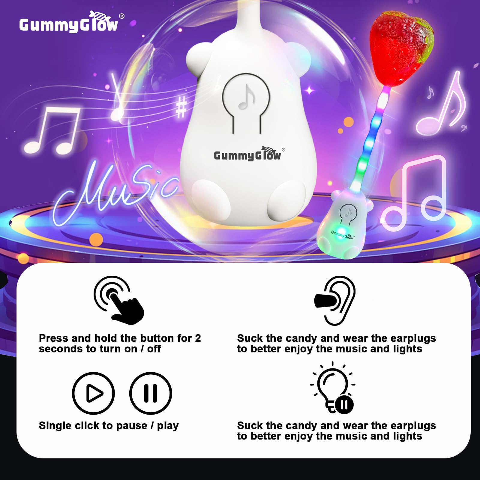 Gummy Glow Music Lollipop Candy, Light Up Singing Audio Lollipop Individually Wrapped, Fruit Flavored Hard Candy Suckers, Peach and Strawberry Dual Pack, Gluten Free Vegan Halal (Strawberry & Lemon)
