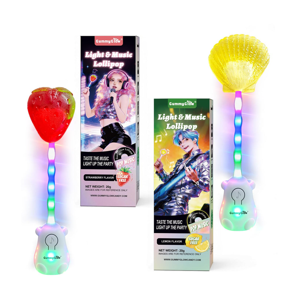 Gummy Glow Music Lollipop Candy, Light Up Singing Audio Lollipop Individually Wrapped, Fruit Flavored Hard Candy Suckers, Peach and Strawberry Dual Pack, Gluten Free Vegan Halal (Strawberry & Lemon)