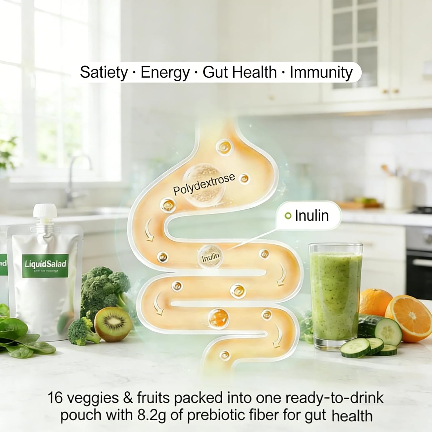 Liquid Salad High Fiber Veggie Pouches, Superfood Smoothie with Prebiotic & 16 Fruits & Vegetables, Convenient Ready-to-Eat Juice for Gut Health, Wholesome Vegan Gluten Free Snack, 7 Count (Pack of 7)
