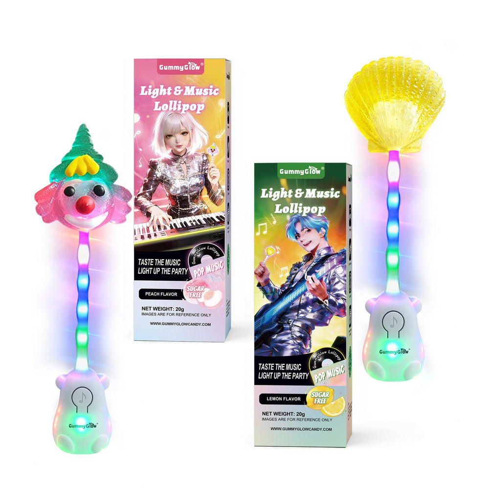 Gummy Glow Music Lollipop Candy, Light Up Singing Audio Lollipop Individually Wrapped, Fruit Flavored Hard Candy Suckers, Peach and Strawberry Dual Pack, Gluten Free Vegan Halal (Strawberry & Lemon)