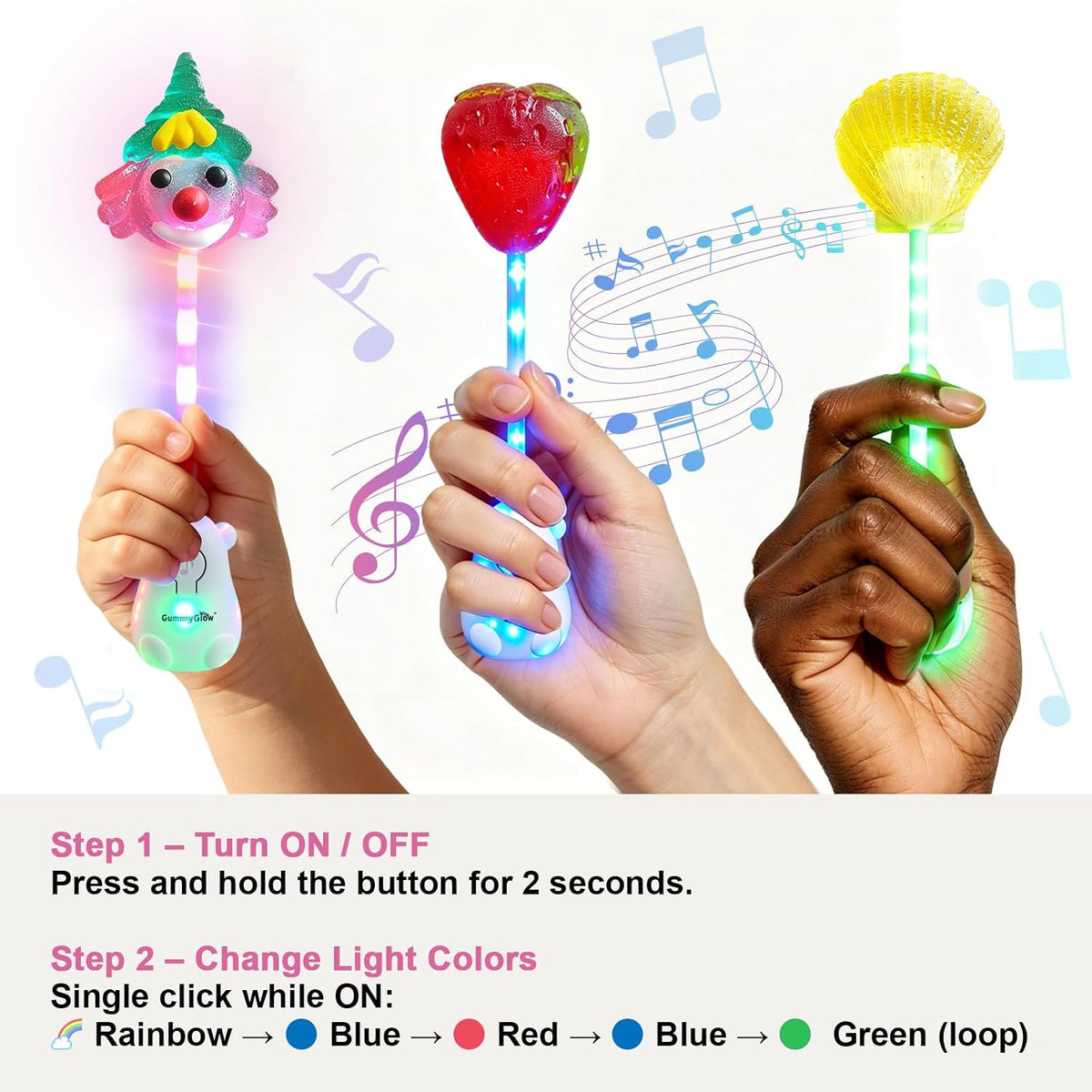 Gummy Glow Music Lollipop Candy, Light Up Singing Audio Lollipop Individually Wrapped, Fruit Flavored Hard Candy Suckers, Peach and Strawberry Dual Pack, Gluten Free Vegan Halal