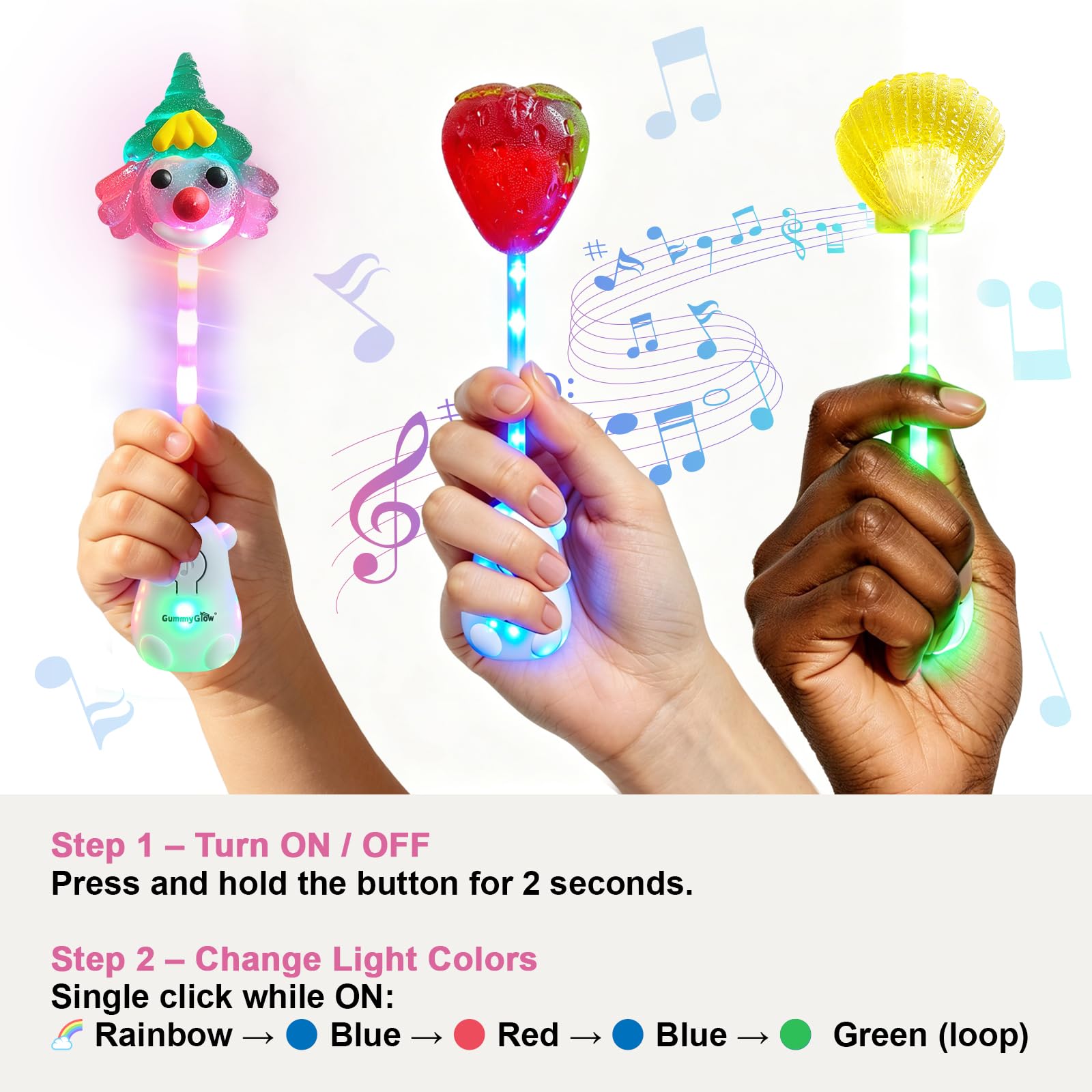 Gummy Glow Music Lollipop Candy, Light Up Singing Audio Lollipop Individually Wrapped, Fruit Flavored Hard Candy Suckers, Peach and Strawberry Dual Pack, Gluten Free Vegan Halal (Strawberry & Lemon)