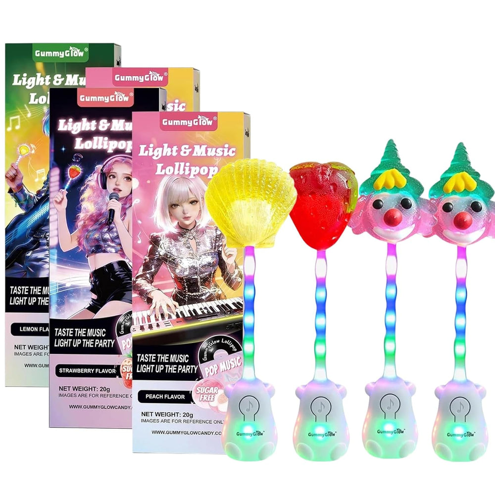 Gummy Glow Music Lollipop Candy, Light Up Singing Audio Lollipop Individually Wrapped, Fruit Flavored Hard Candy Suckers, Gluten Free Vegan HalalGluten Free Vegan Halal