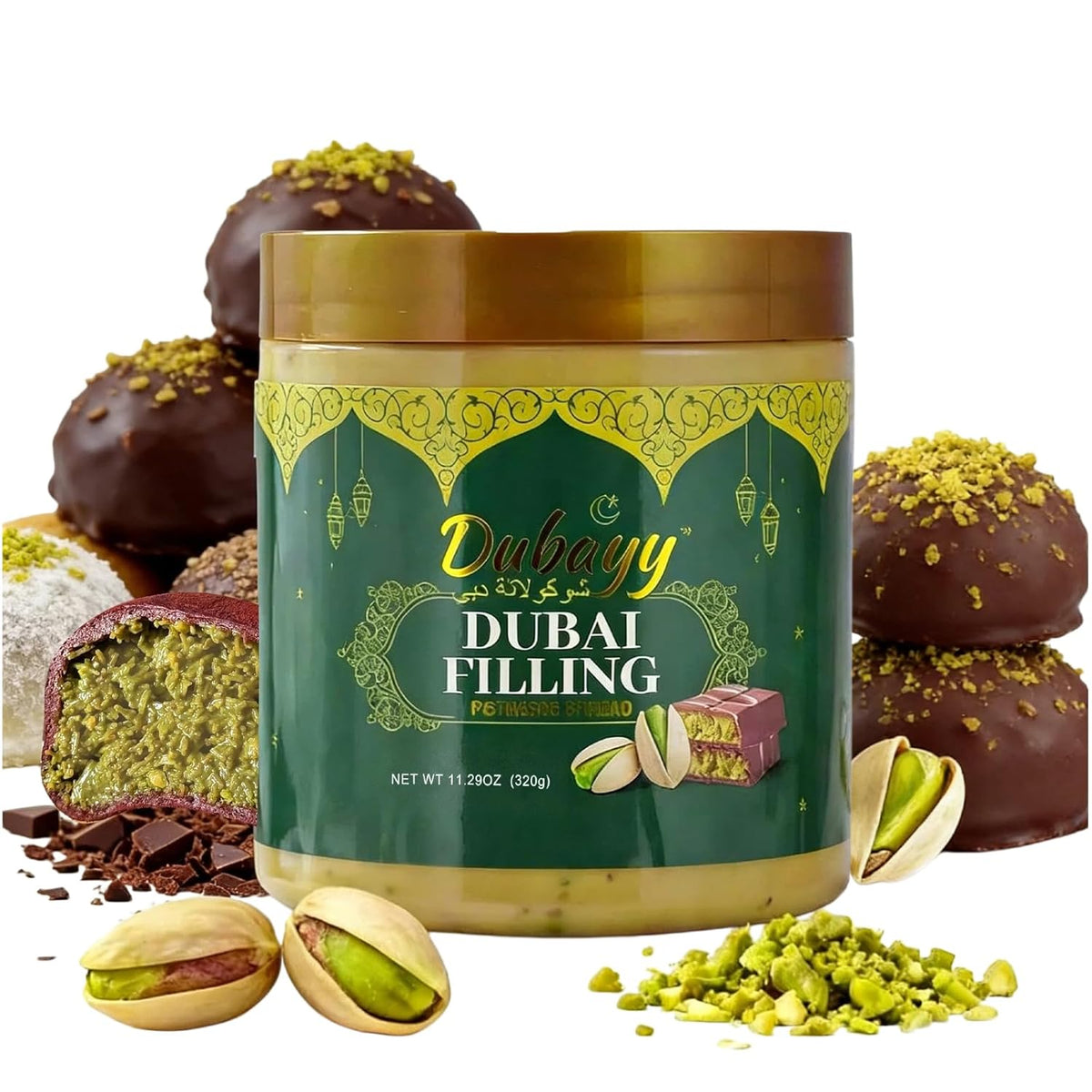 Dubai Chocolate Filling by Dubayy, Viral Pistachio Chocolate Spread with Kataifi Crisp, Luxury Dessert Dip for Waffles, Pancakes, Bread, Desserts and Breakfast (320g / jar)