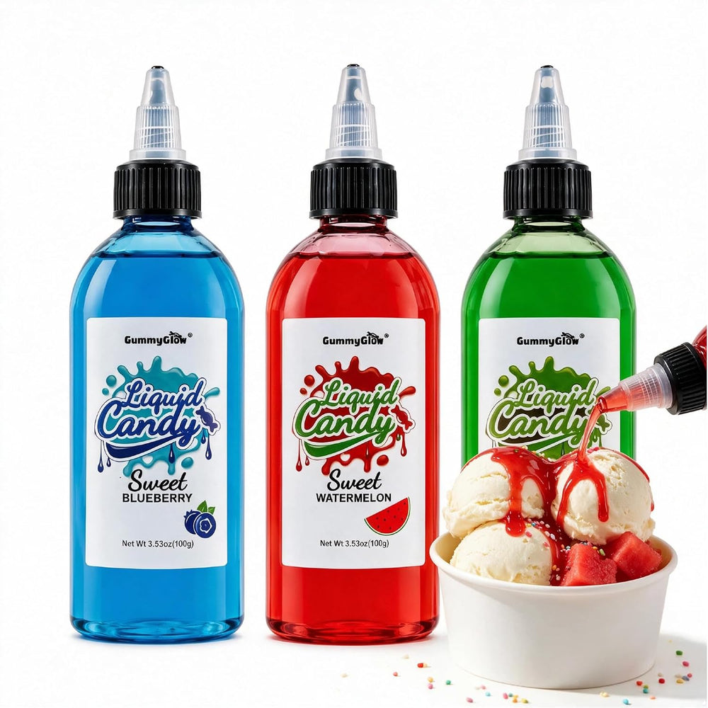 Gummy Glow Twist & Squeeze Sour Liquid Candy, 3.53oz Each (Pack of 3) Green Apple, Blueberry & Watermelon, Ideal for Cookies, Ice Cream, Fruit, Sweet and Sour Flavor Booster