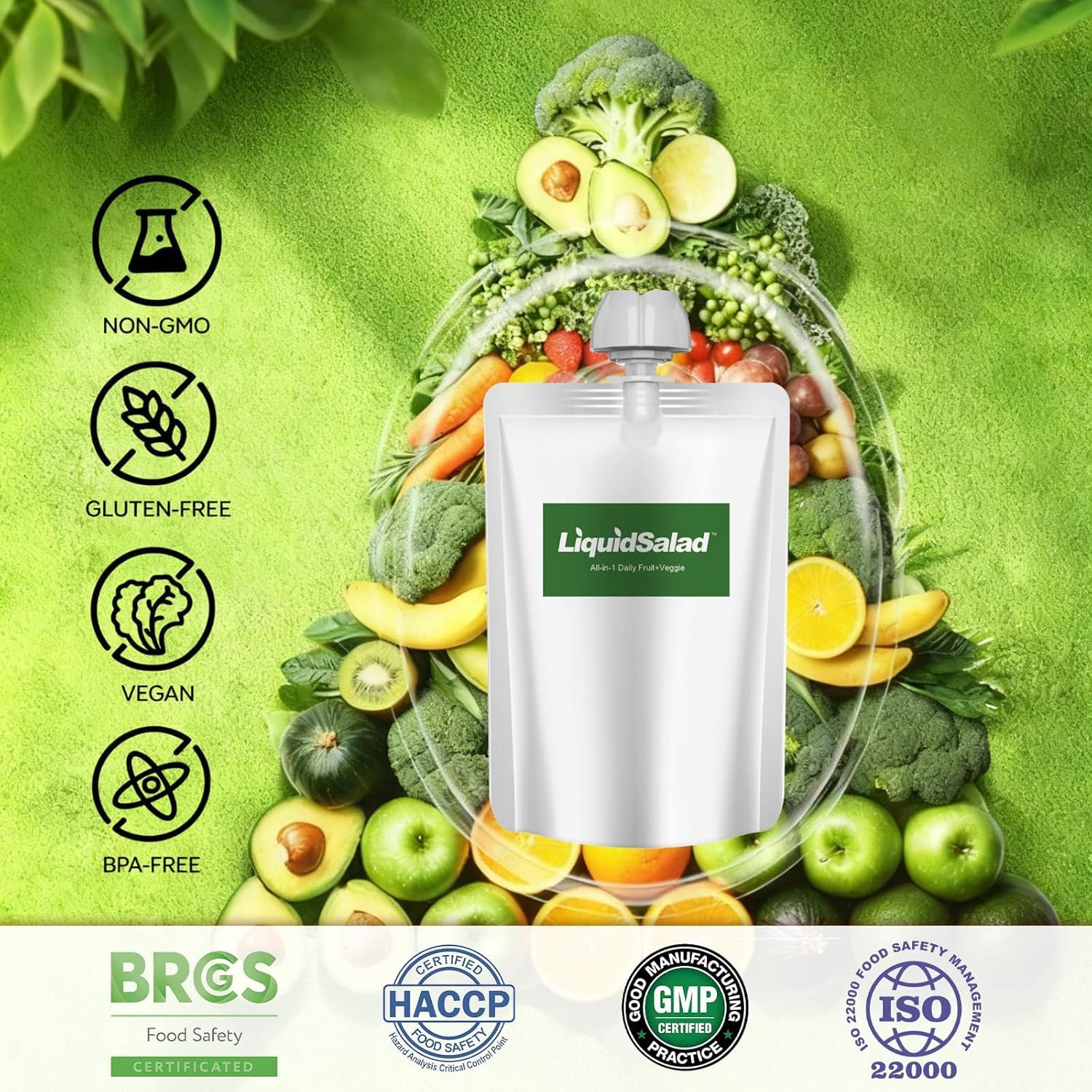 Liquid Salad High Fiber Veggie Pouches, Superfood Smoothie with Prebiotic & 16 Fruits & Vegetables, Convenient Ready-to-Eat Juice for Gut Health, Wholesome Vegan Gluten Free Snack, 7 Count (Pack of 7)