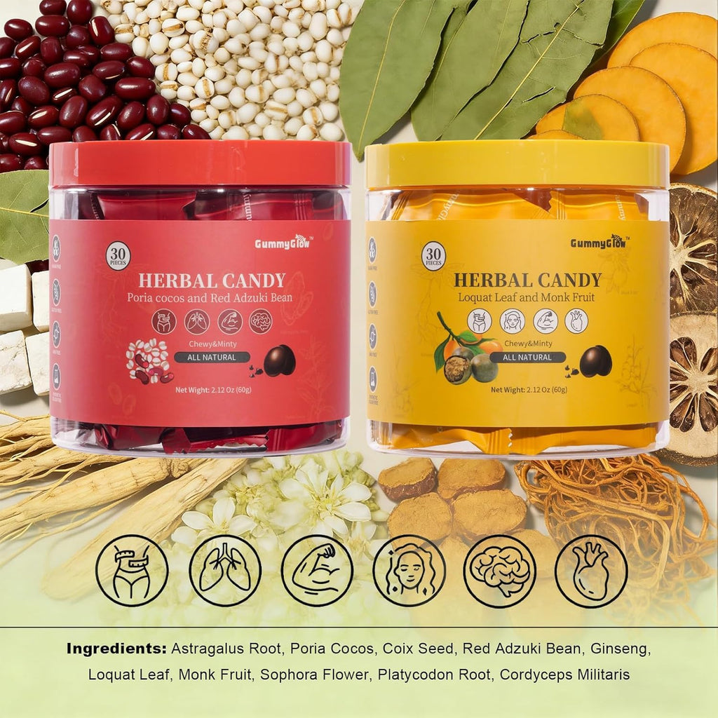 Gummy Glow All-Natural Herbal Hard Candy with Loquat & Monk Fruit, Supports Throat Comfort & Fresh Breath, Sugar-Free Cooling & Chewy Candy for Speakers, Candy Lovers, On-the-Go, 60g (30 Pcs) (Loquat & Monk Fruit)