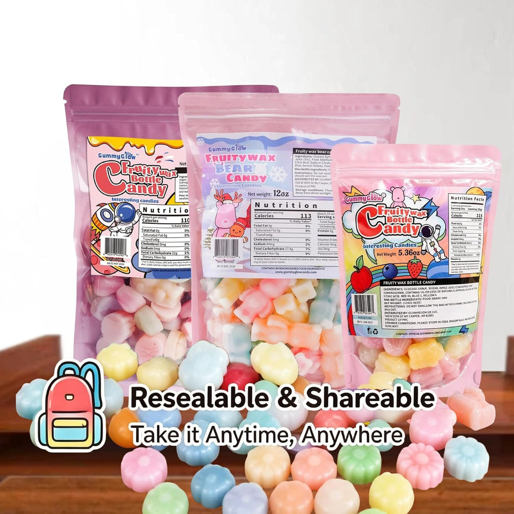 GummyGlow 5.36oz Waxy Fruit-Filled Candy, Chewable Waxy Candy, Retro Nostalgic Novelty Treats, Classic Variety Flavors for Old School Candy Lovers, ASMR Lovers and Gifts