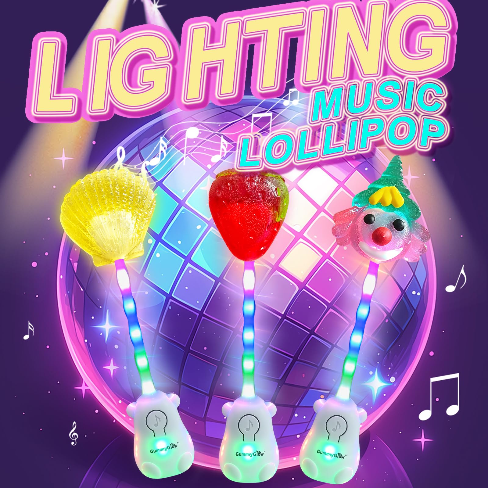 Gummy Glow Music Lollipop Candy, Light Up Singing Audio Lollipop Individually Wrapped, Fruit Flavored Hard Candy Suckers, Peach and Strawberry Dual Pack, Gluten Free Vegan Halal (Strawberry & Lemon)