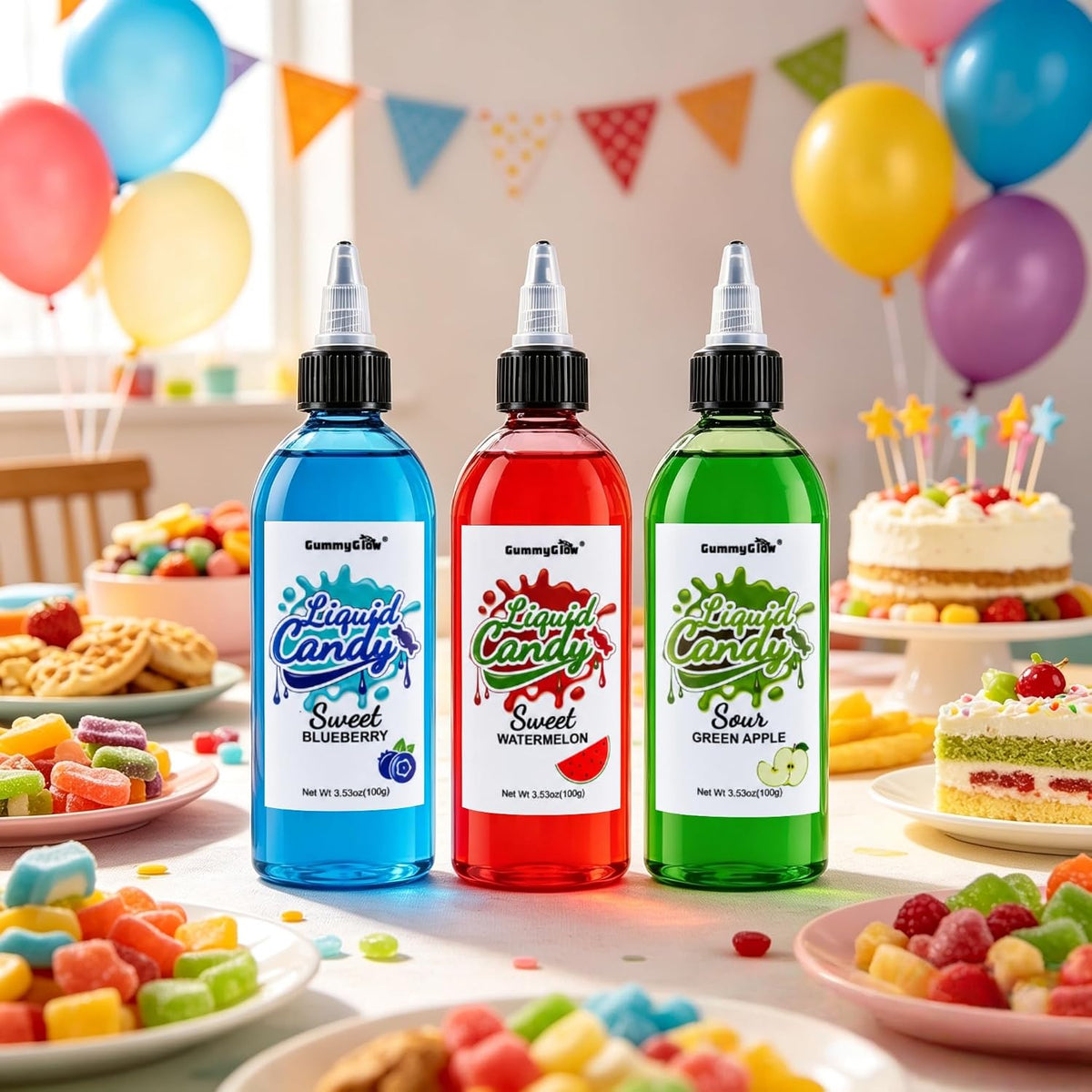 Gummy Glow Twist & Squeeze Sour Liquid Candy, 3.53oz Each (Pack of 3) Green Apple, Blueberry & Watermelon, Ideal for Cookies, Ice Cream, Fruit, Sweet and Sour Flavor Booster