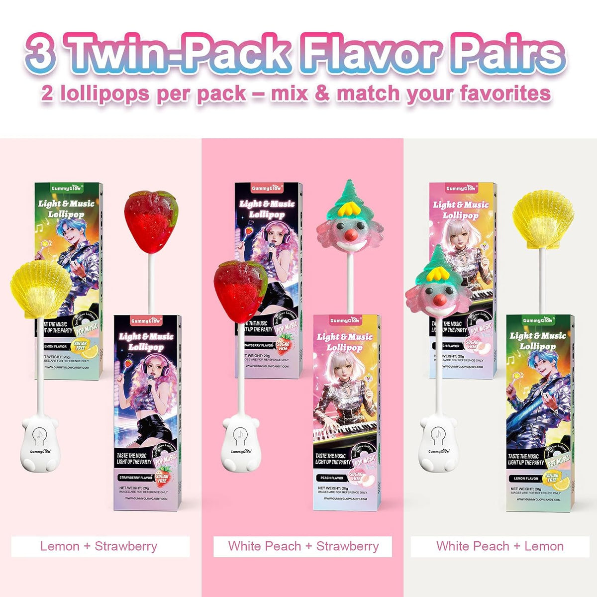 Gummy Glow Music Lollipop Candy, Light Up Singing Audio Lollipop Individually Wrapped, Fruit Flavored Hard Candy Suckers, Gluten Free Vegan Halal