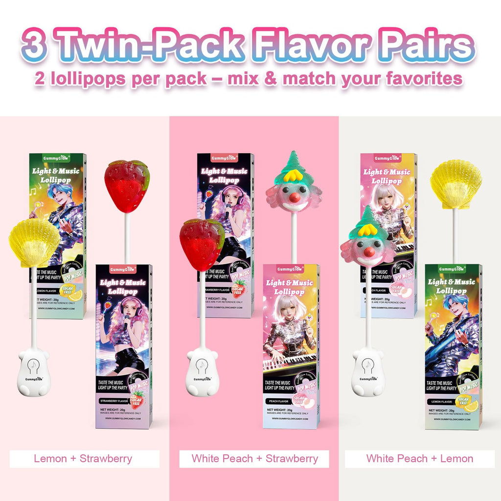 Gummy Glow Music Lollipop Candy, Light Up Singing Audio Lollipop Individually Wrapped, Fruit Flavored Hard Candy Suckers, Peach and Strawberry Dual Pack, Gluten Free Vegan Halal (Strawberry & Lemon)