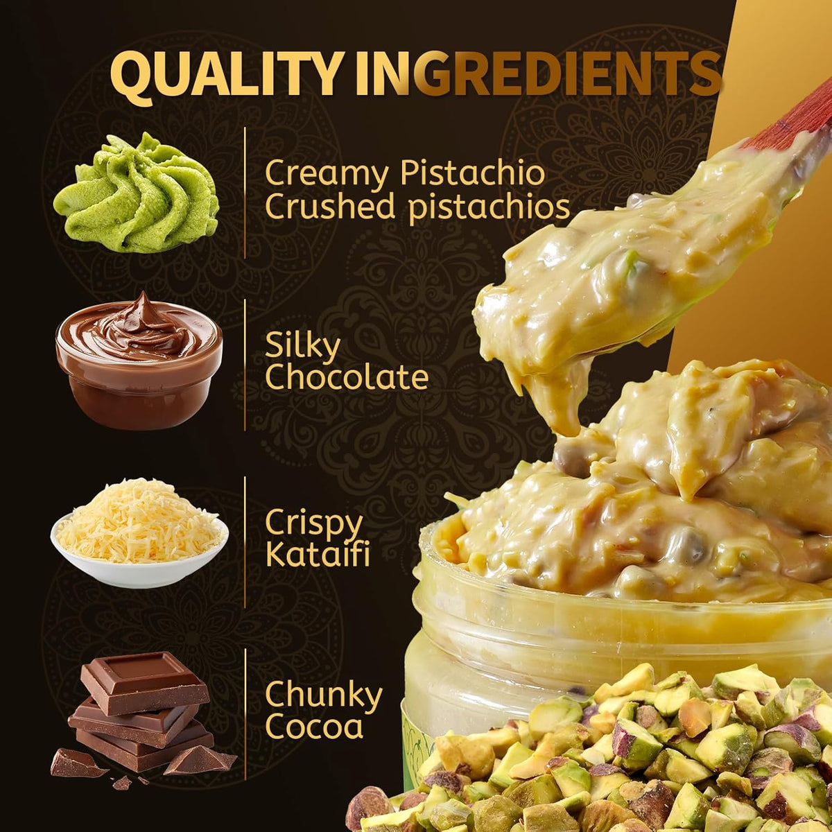 Dubai Chocolate Filling by Dubayy, Viral Pistachio Chocolate Spread with Kataifi Crisp, Luxury Dessert Dip for Waffles, Pancakes, Bread, Desserts and Breakfast (320g / jar)